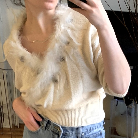Bonnie and Bill Cream Angora Sweater Detachable Marabou Feather Collar Small VTG - Picture 12 of 16